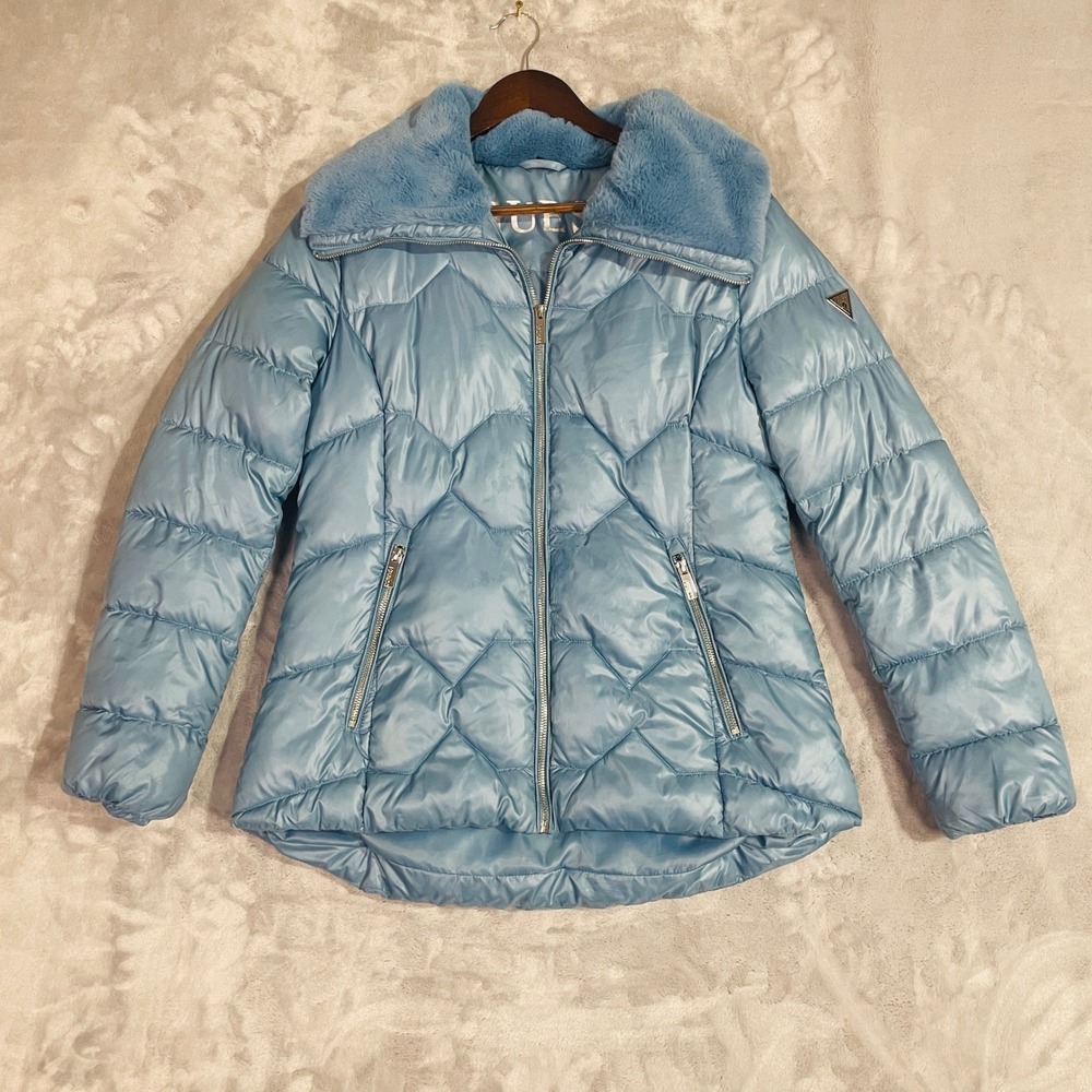 Guess Puffer Jacket Womens Medium Blue Faux Fur Collar Quilted Coat